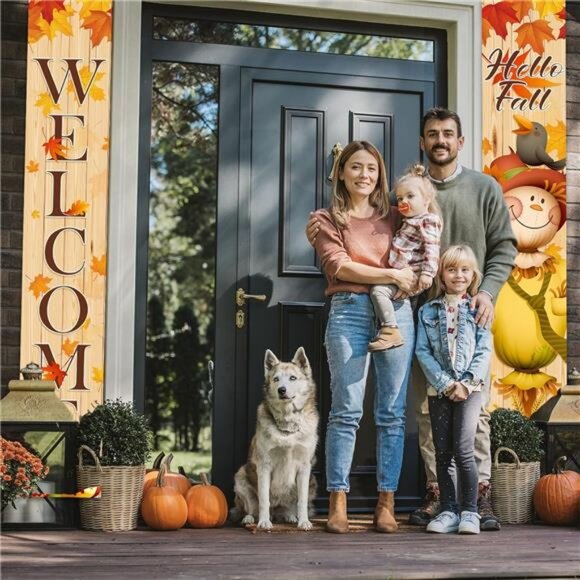 Fall Scarecrow Porch Banner Sign Welcome Fall Pumpkin Maple Leaf Banners Autumn - Picture 3 of 7
